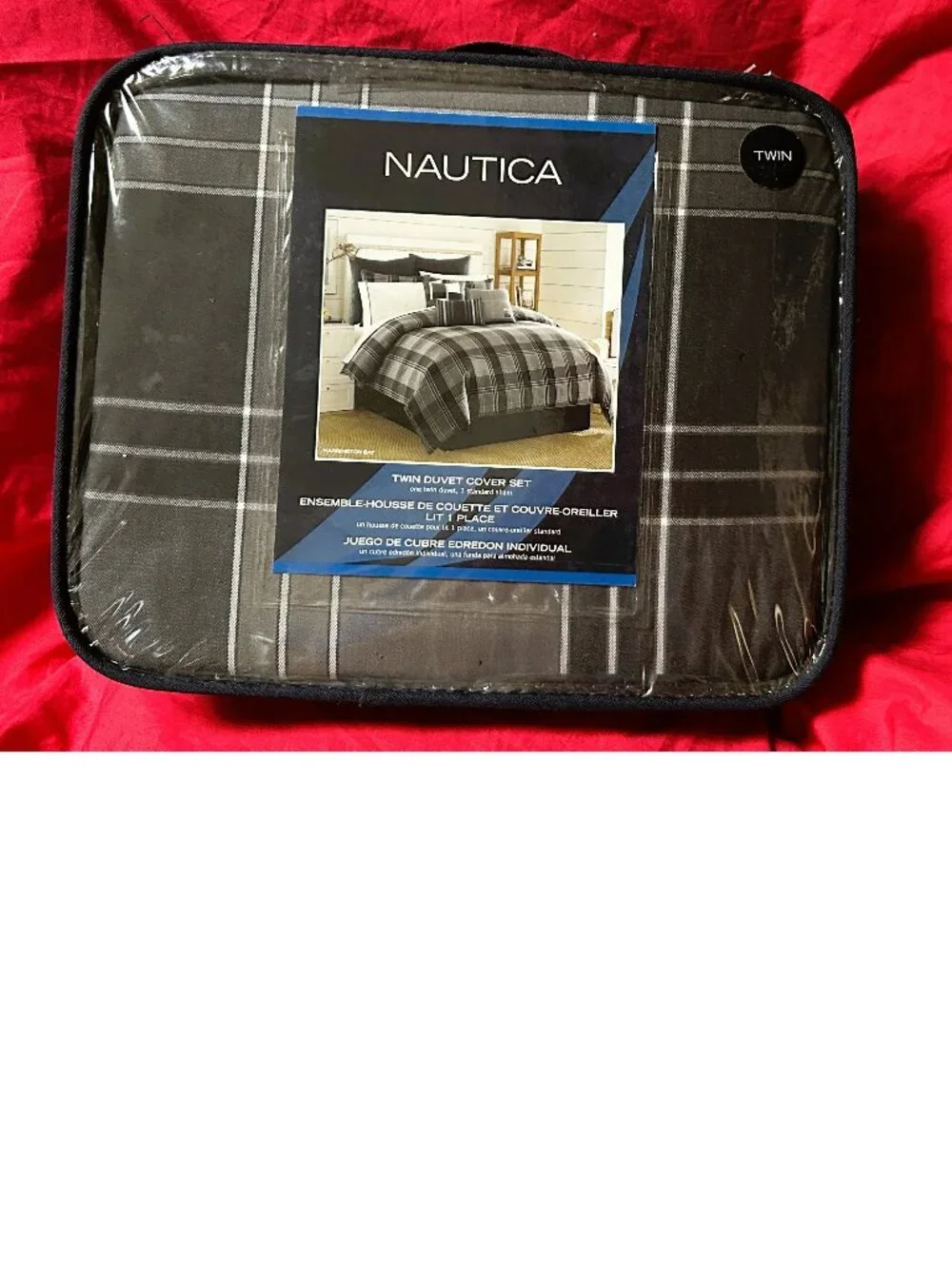 Vintage~TWIN~Nautica black/gray plaid~comforter/Duvet Cover+Sham set~100% Cotton